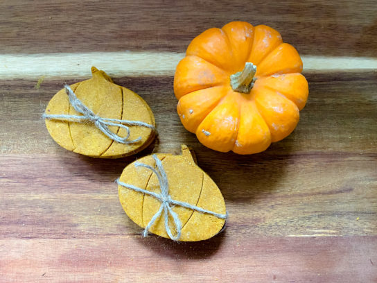 Pumpkin dog treats wrapped in twine next to a pumpkin on a wood surface